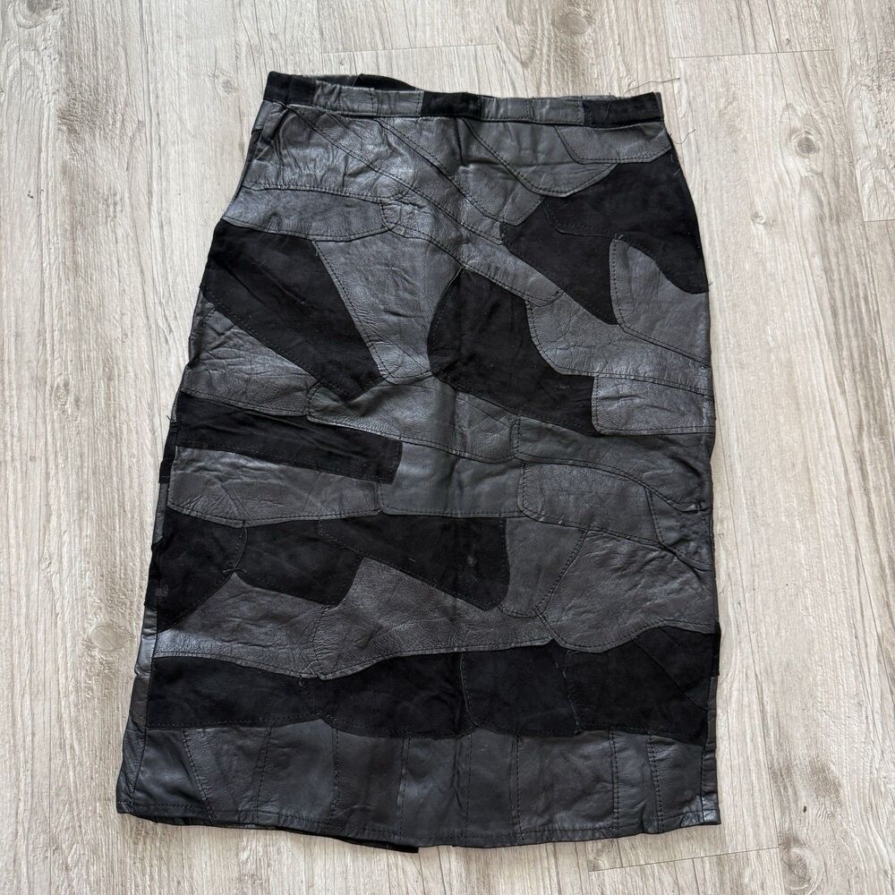 Vtg 90s Black Patchwork Leather Suede Pencil Skirt Midi Whimsigoth Grunge Goth
